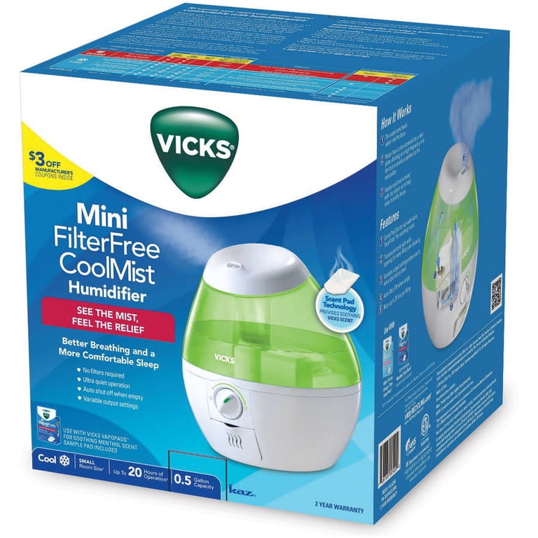 Umidificatore Vicks Mini Cool Mist A Ultrasuoni – Serbatoio 1,8 L, Nebbia Regolabile, Doppio VapoPad, Silenzioso, Per Stanze Fino A 15 M²