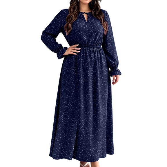 Aimik Women's V-Neck Long Sleeve Polka Dot Maxi Dress Elastic Waist Side Slit Flowy A-Line Swing Dress