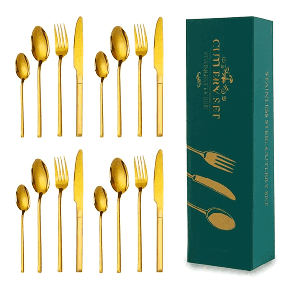 16 Pcs Golden Flatware, Stainless Steel Silverware Set, Tableware with Steak Knives Mirror Finish Cutlery Set, Includes Forks, Spoons & Dessert Spoons Dishwasher Safe for Home Kitchen, Service For 4