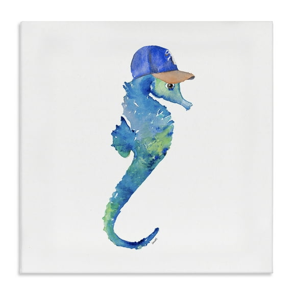 Stupell Industries Blue Seahorse in Hat Novelty Painting Gallery Wrapped Canvas Art Print Wall Art, 17 x 17
