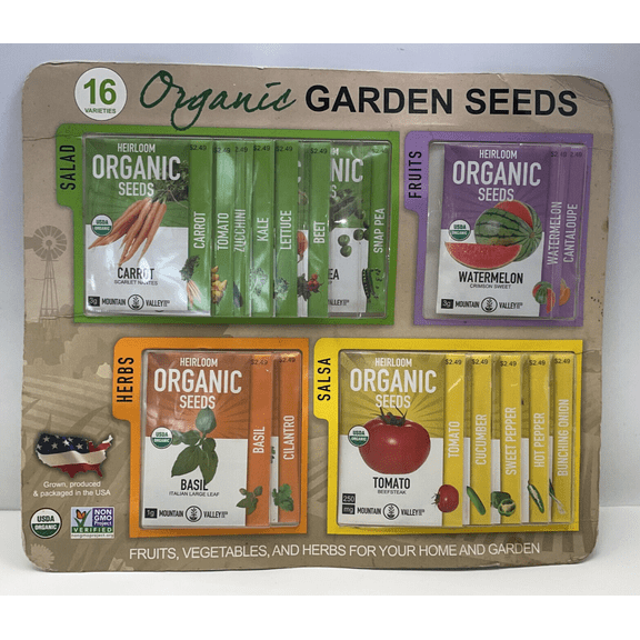 Mountain Valley Seed Company 16 Organic Heirloom Plant Seeds, Non-GMO and Open Pollinated