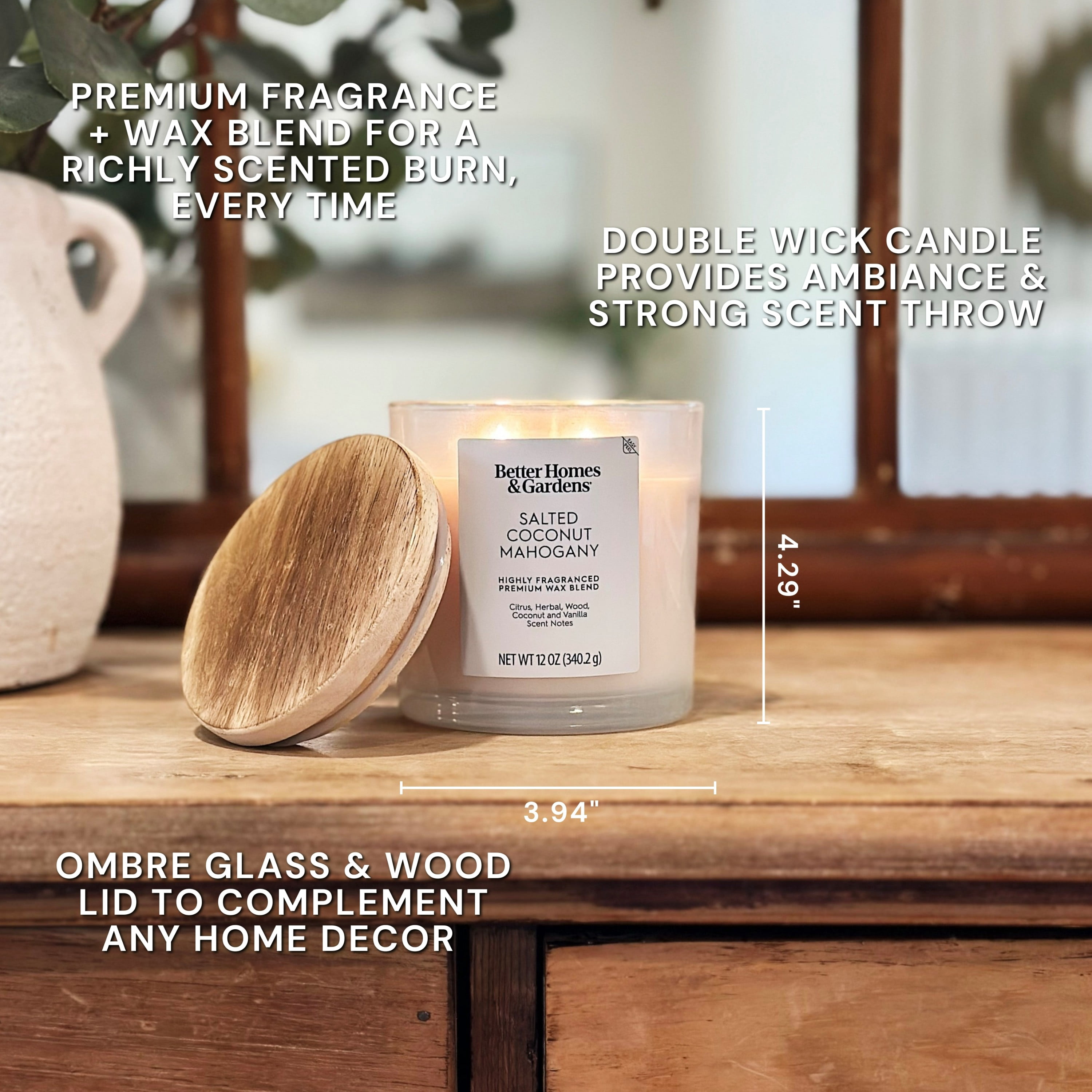(1 pack) Better Homes and Gardens 2-Wick Salted Coconut Mahogany 12oz Scented Ombre Jar Candle