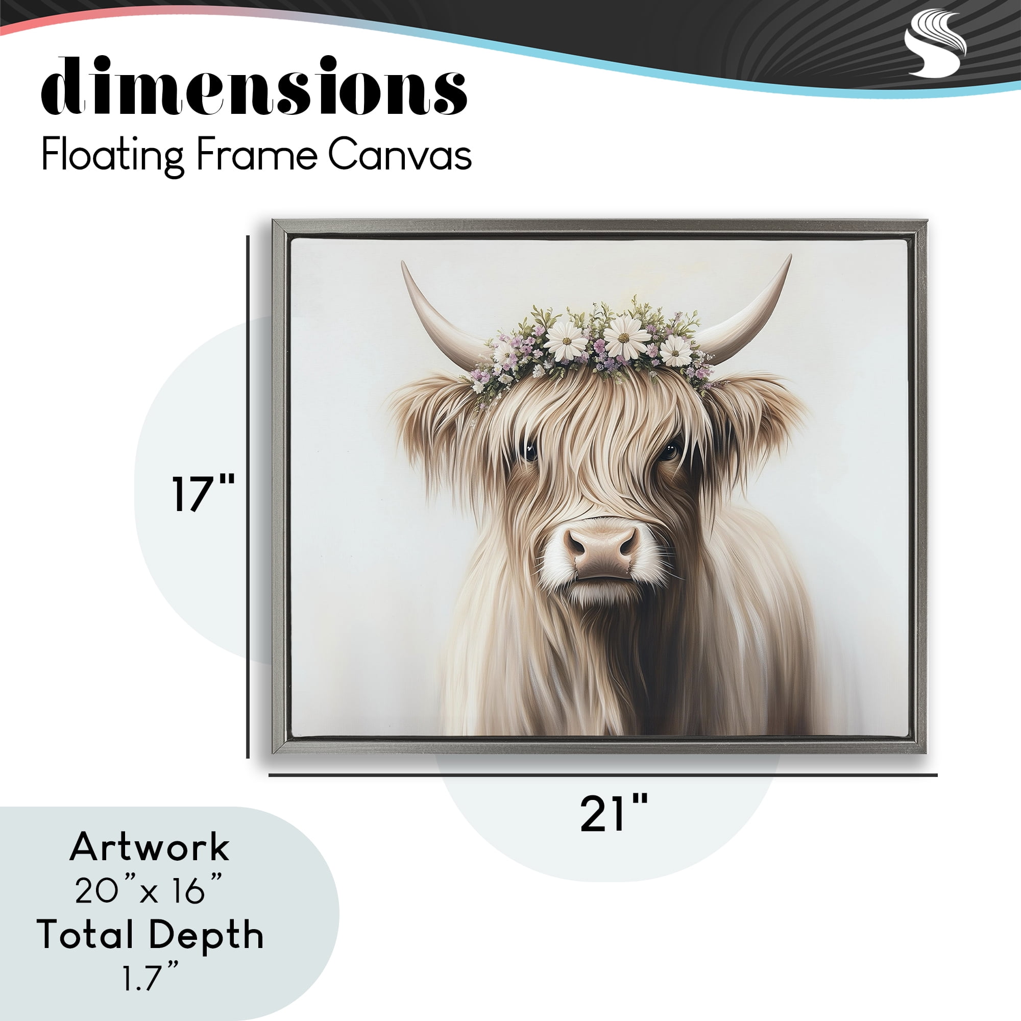 Shaggy Cattle Floral Crown Gray Framed Floater Canvas Wall Art, design by Shawna Stewart