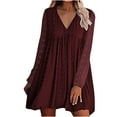 thumbnail image 1 of Robes d'Automne pour Femmes, Col en V Doux, Pois Suisses, Manches Longues, Robe Babydoll, Unie, Décontractée, Coupe Ample, Mini-Robe Évasée, 1 of 5