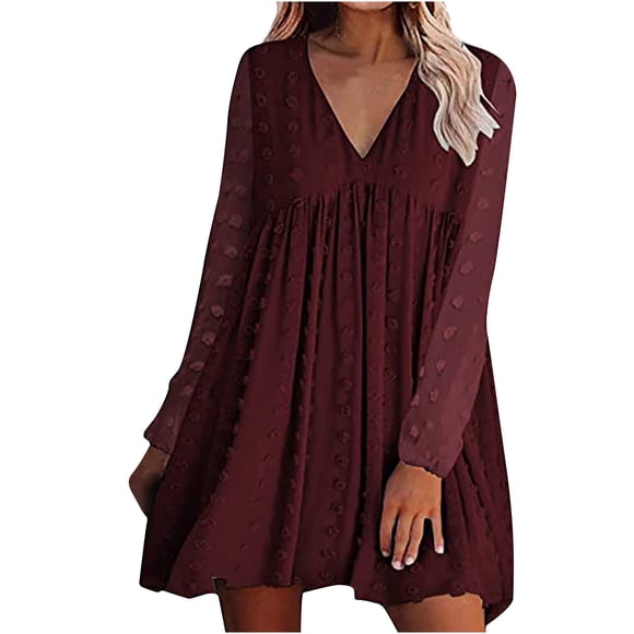 Fall Dresses for Women Sweet V Neck Swiss Dots Long Sleeve Babydoll Dress Solid Casual Loose Fit Swing Mini Dress