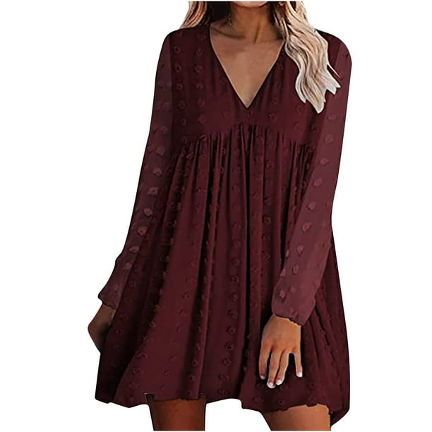 Vestidos Para Mujer Vestidos de Otoño Moda Otoño Invierno Blusa Sólida Cuello en V Gasa Vestido de Manga Larga Odeerbi ODB174517
