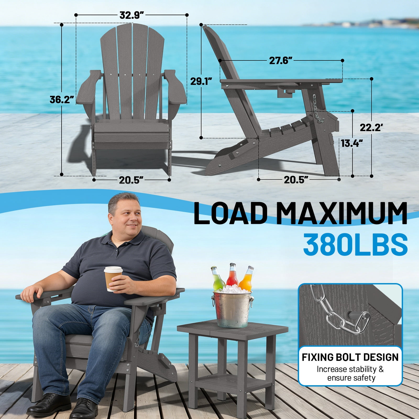 Easthome Adirondack Chair Set of 2, HDPE All-Weather Patio Chairs with Cup Holder & 380lb Capacity, Outdoor Lawn Chairs for Deck, Garden, Poolside, Patio - Gray