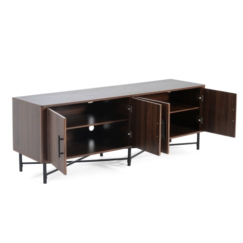 Functional 4-Door TV Cabinet, Modern Chestnut Entertainment Center with Adjustable Shelves, Cable Management, Iron Legs, Storage for Living Room, Fits 65 Inch TV, 66"x18"x23", Easy Assembly