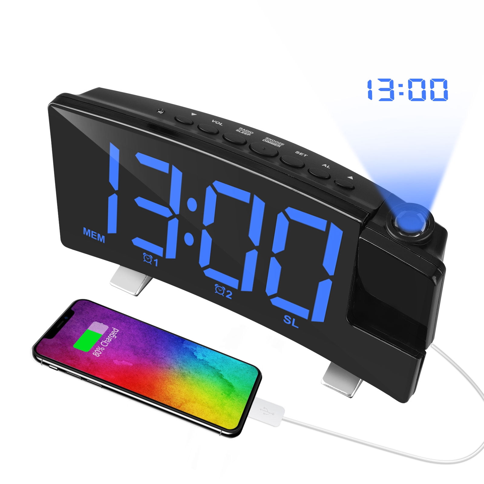 waardigheid schoenen Blauw Ceiling Projection Alarm Clock, TSV 15 FM Radio Smart Modern Clock 7''  Large LED Display, 4 Dimmer, 2 Dual Alarm Sounds USB Phone Charger, Snooze,  Backup Battery Digital Clock - Walmart.com