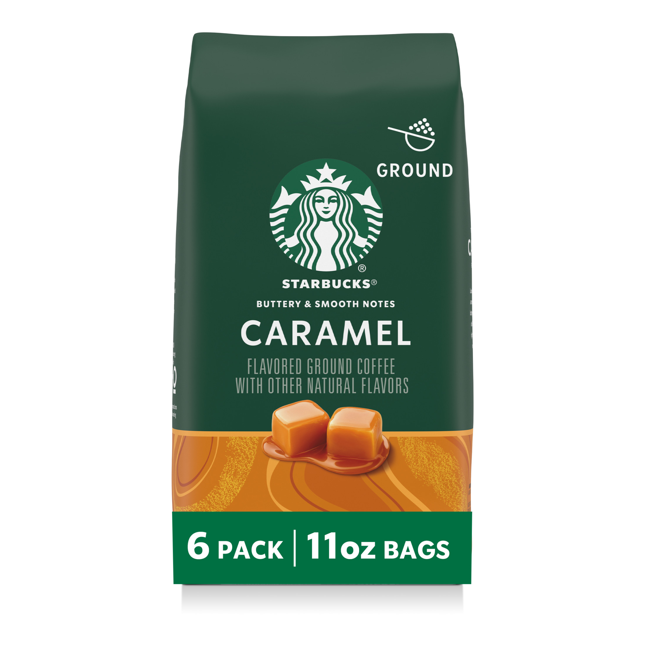 (6 pack) Starbucks Caramel, Ground Coffee, Flavored Hot or Iced Coffee, 11 oz