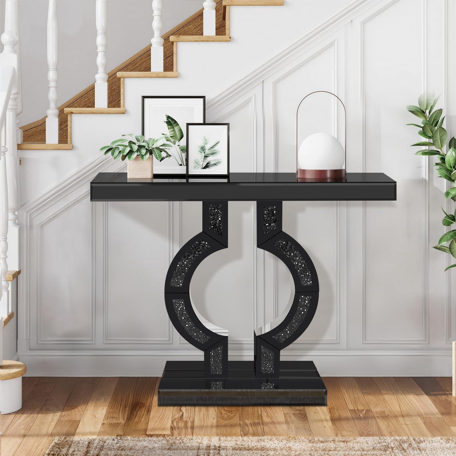 Black Mirrored Console Table with Crushed Diamond Inlay, 39.4'' Long Entryway Sofa Table, O-Shaped Base Modern Accent Narrow Table for Living Room, Hallway, Foyer, Entrance