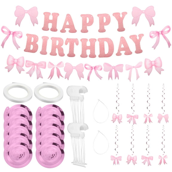 Threns Bow Happy Birthday Banner Pink Bowknot Birthday Party Decoration Hanging Swirl for Girl Woman Baby Shower Bow Party Decor