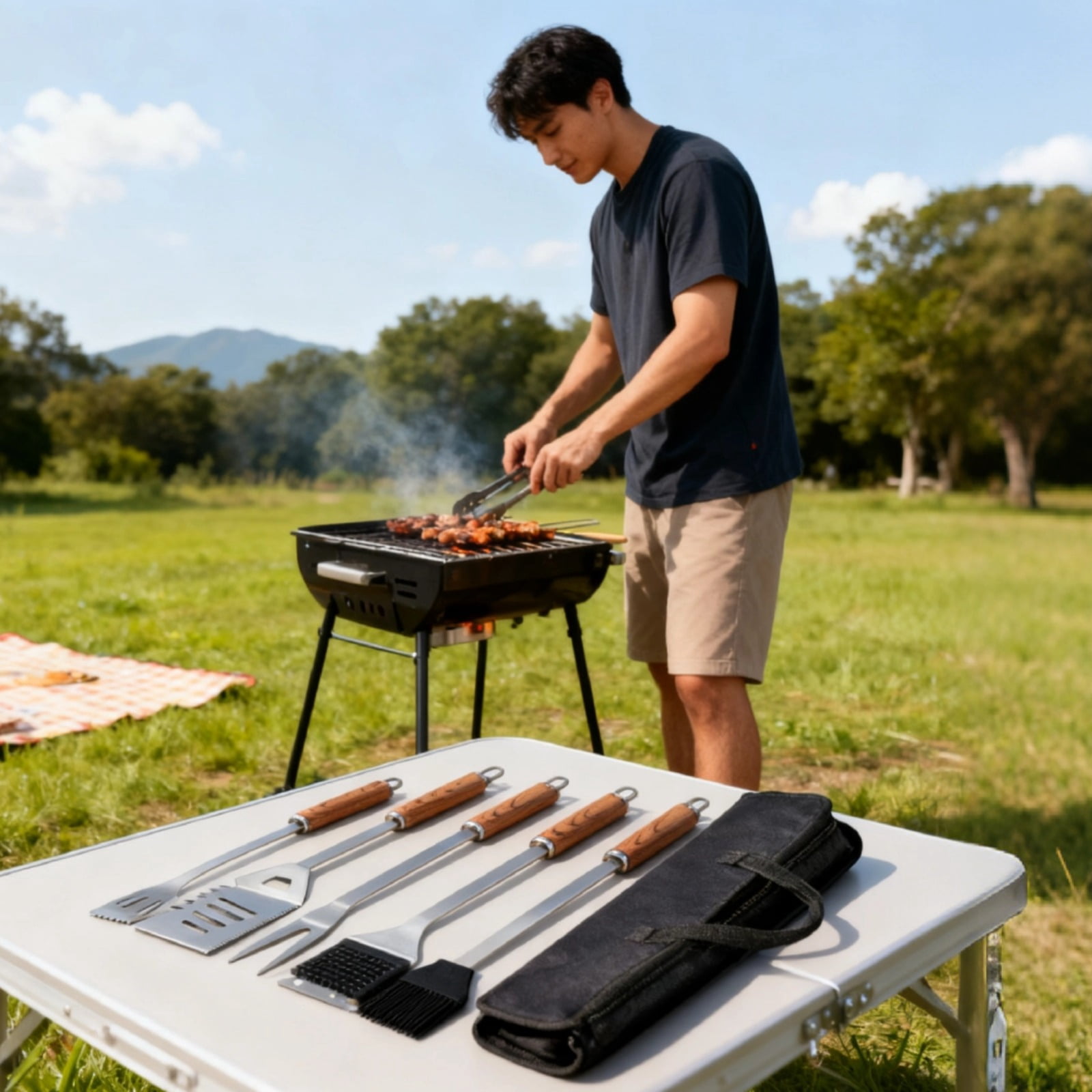 7 Pcs BBQ Tool Set with Wood Handle and Storage Bag, Stainless Steel Grilling Utensils with Extended Tongs, Includes Spatula, Fork, Brush, for Outdoor Cooking