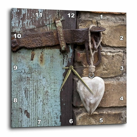 3dRose, Wooden heart hanging on old barn door, 15x15 Wall Clock