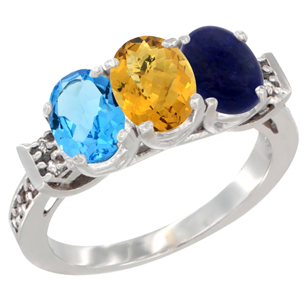 10K White Gold Natural Swiss Blue Topaz, Whisky Quartz & Lapis Ring 3-Stone Oval 7x5 mm Diamond Accent, sizes 5 10 by WorldJewels