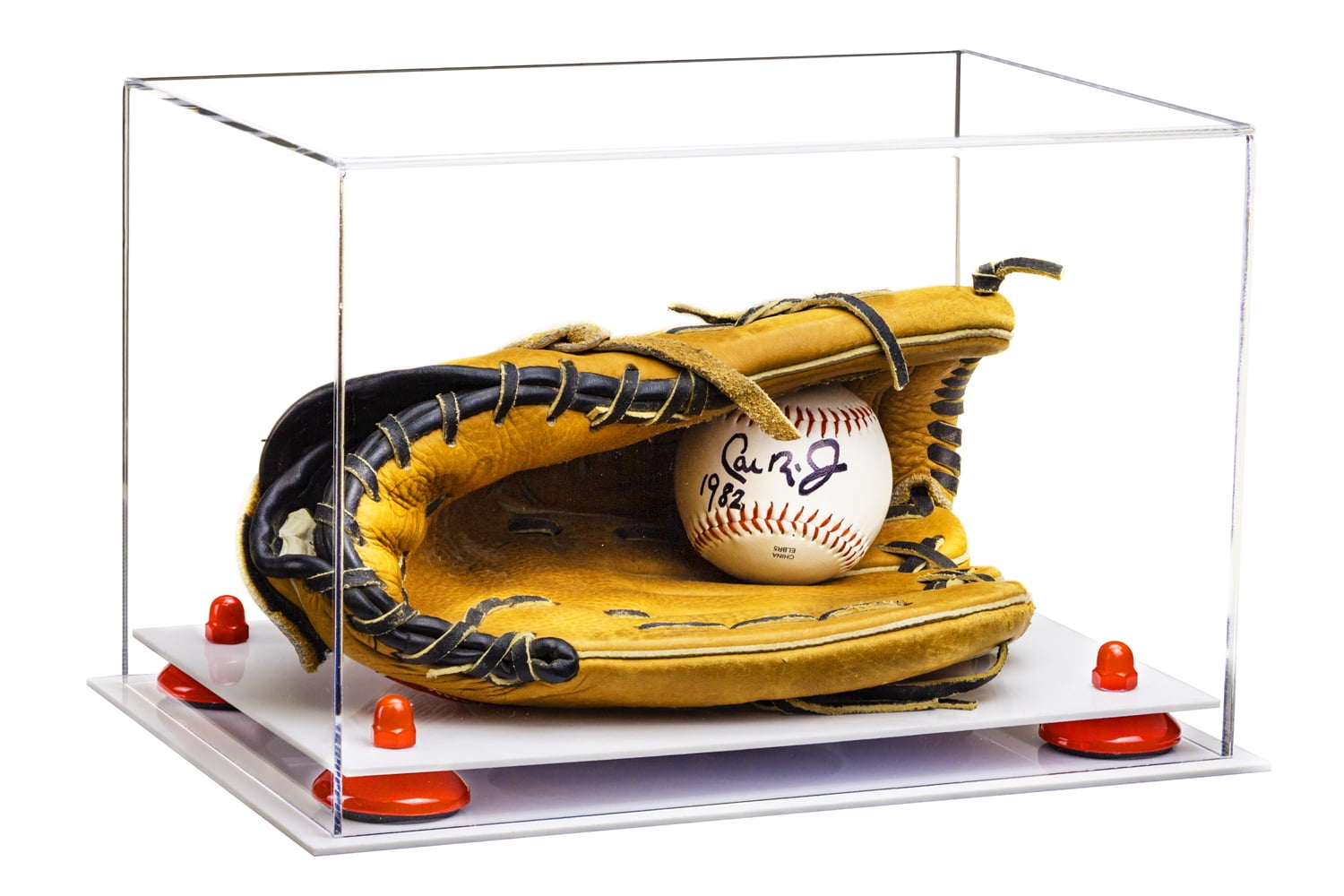Deluxe Clear Acrylic Baseball Glove Display Case with Red Risers and