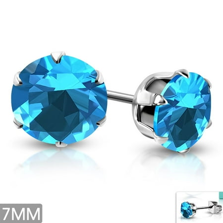 7mm Stainless Steel Prong Set Round Circle Stud Earrings with Sky Blue CZ pair