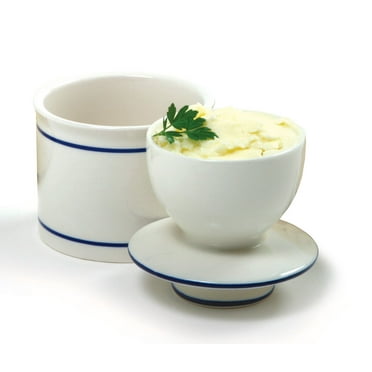 Norpro White Porcelain Butter Crock Keeper, Blue, Dishwasher Safe, 10 x 8 x 8 Inches