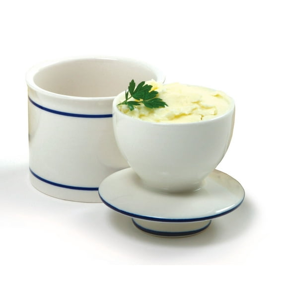Norpro White Porcelain Butter Crock Keeper, Blue, Dishwasher Safe, 10 x 8 x 8 Inches