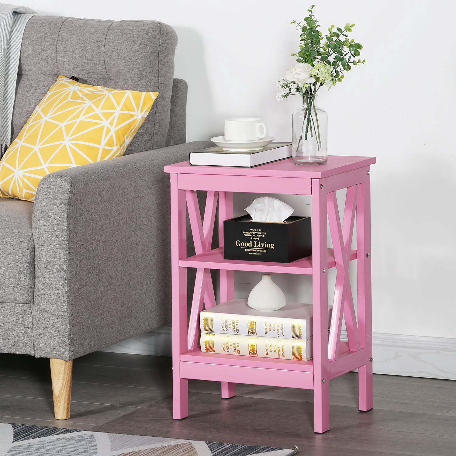 VECELO Set of 2 Nightstand with 3-Tier Shelves, X-Shaped Sofa Side End Table for Bedroom/Living Room/Office, Pink