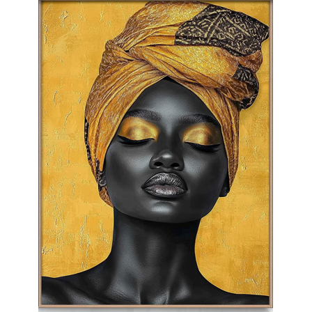 Gold Headwrap Black Woman Canvas Wall Art，Suitable for Living Room，Bedroom，Bathroom，Office，Dining Room Decoration.