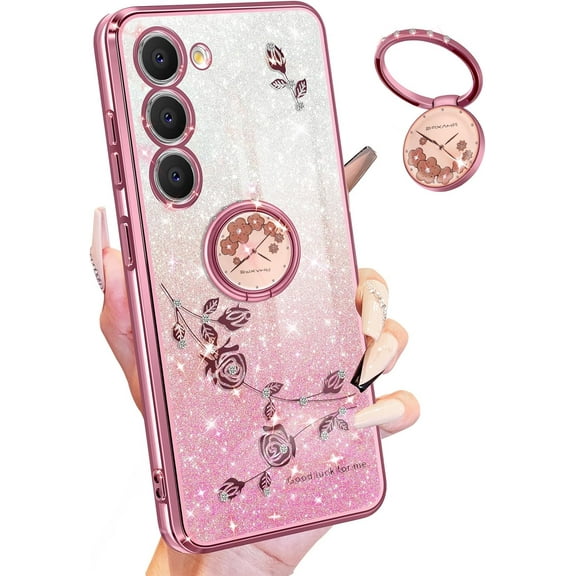 (3in1 for Samsung Galaxy S24 Case for Women Girls Glitter Girly Cute Bling Flowers Phone Cases with Ring Stand Design Sparkle Floral Shiny Pretty Unique Cover for Samsung S24 6.2''