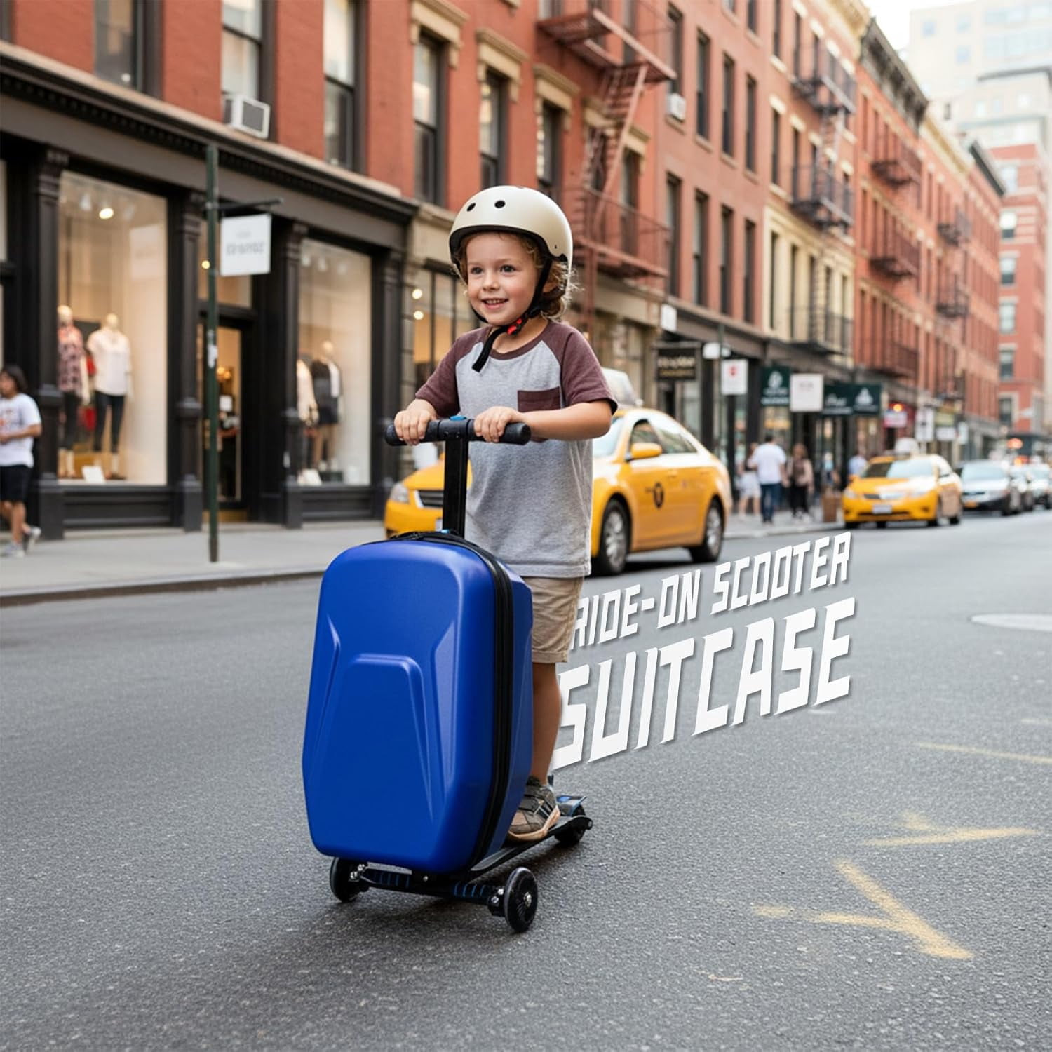 20" Hardshell Scooter Suitcase for Kid & Adult Foldable 2 in 1 Ride on Carry on Travel Trolley Scooter Luggage With Wheels Blue