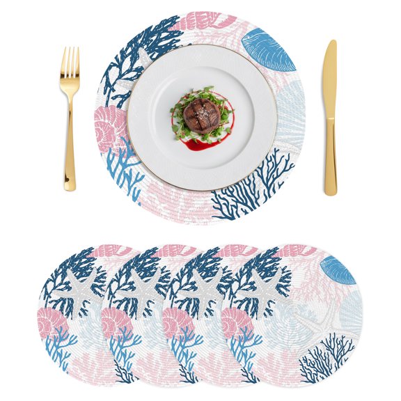 Round Placemats Ocean Coastal 15 inch Set of 4 Table Mats for Dining Table Beach Shells Starfish Conch Blue Coral Heat Resistant Non-Slip Kitchen & Home Decorative Place Mat Set