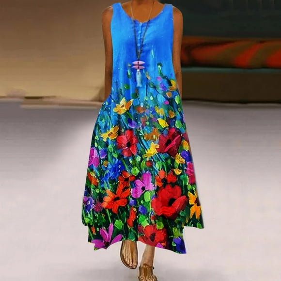 SMihono Summer Boho Maxi Dress for Women Plus Size Women Fashion Printed Casual Gradient Round-Neck Sleeveless Plus Size Long Dress Beach Swing Sundress