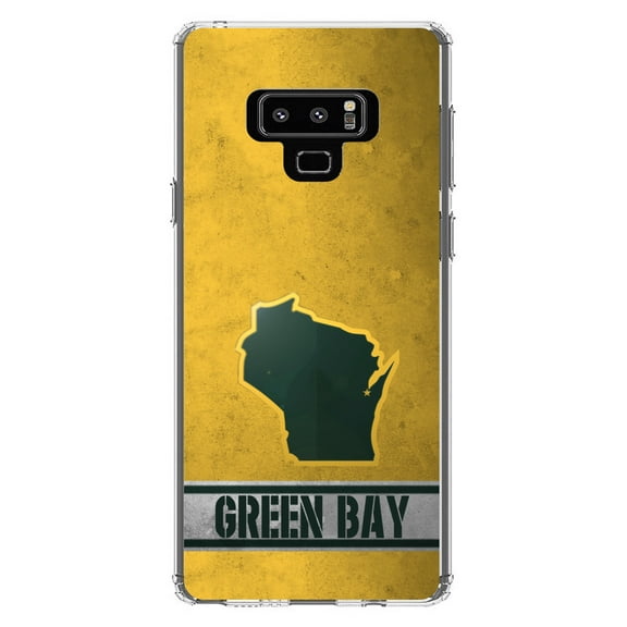DistinctInk Clear Shockproof Hybrid Case for Samsung Galaxy Note 9 - TPU Bumper, Acrylic Back, Tempered Glass Screen Protector - Green Bay Wisconsin - Football Team
