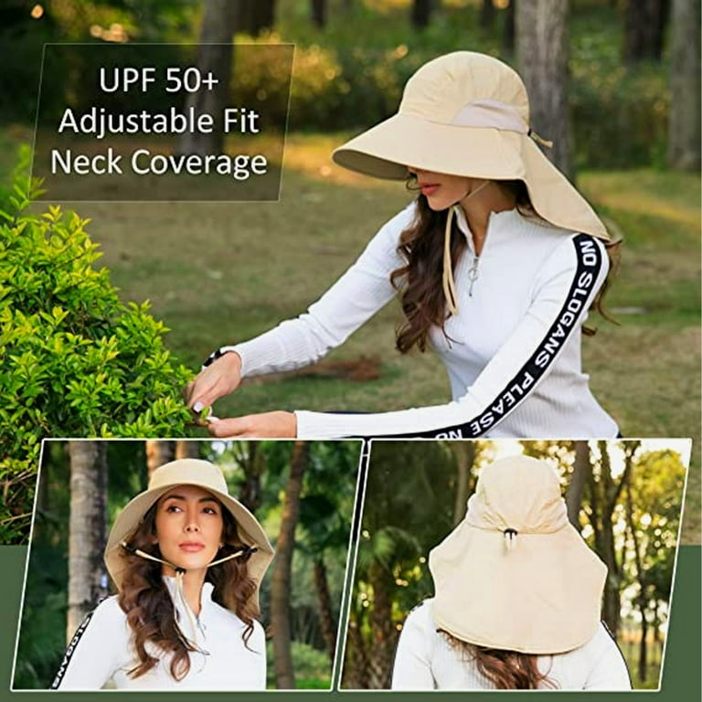 Women Men Sun Hat Roll Up Wide Brim Neck Gardening Hat Khaki