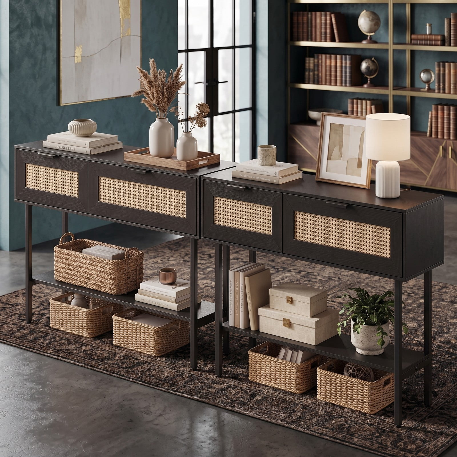 Furnibear Rattan Console Table with 2 Storage Drawers and Open Shelf and Carbon Steel Frame for Entryway and Hallway, Black