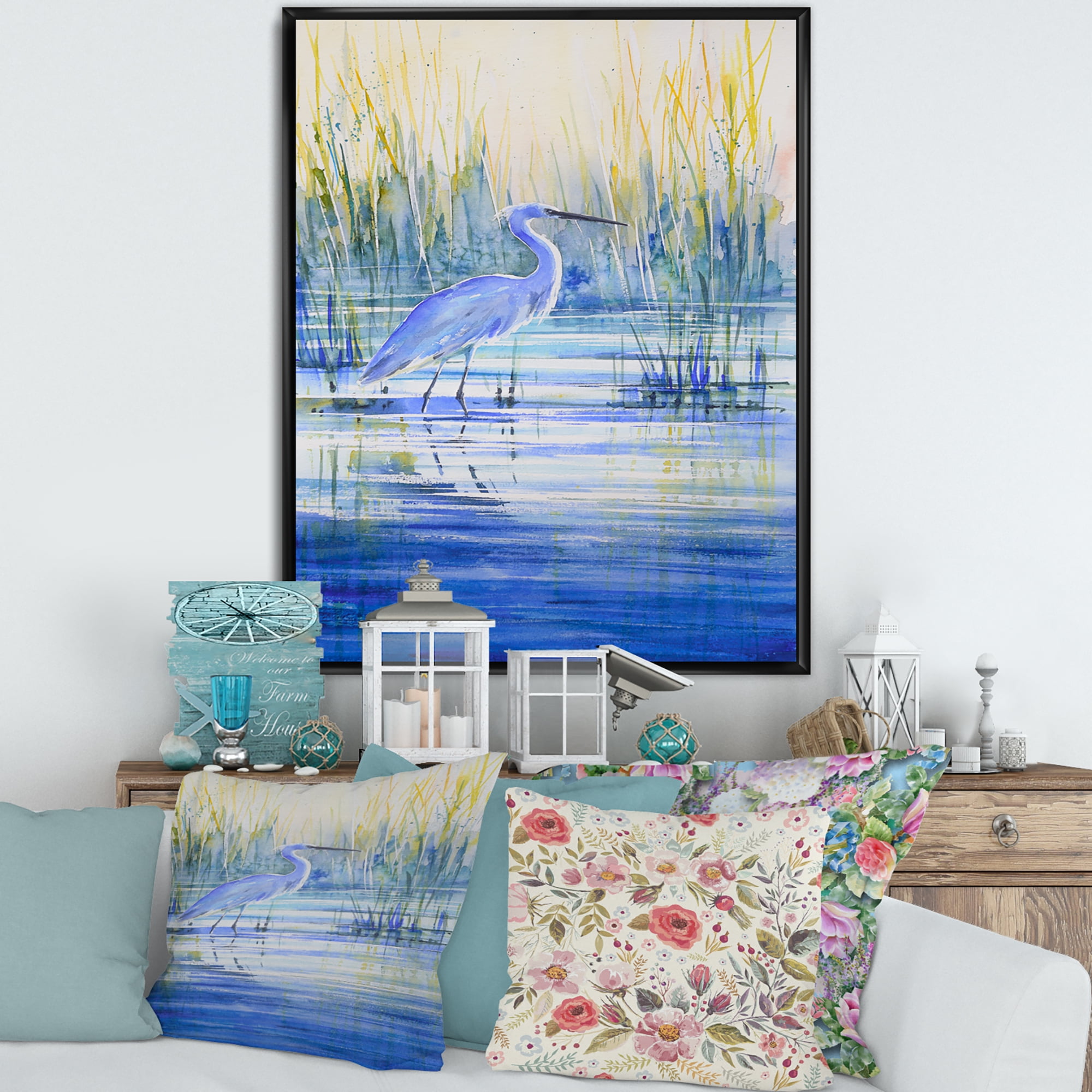 Designart 'Blue Heron On The Lake Shore' Traditional Framed Canvas Wall Art Print