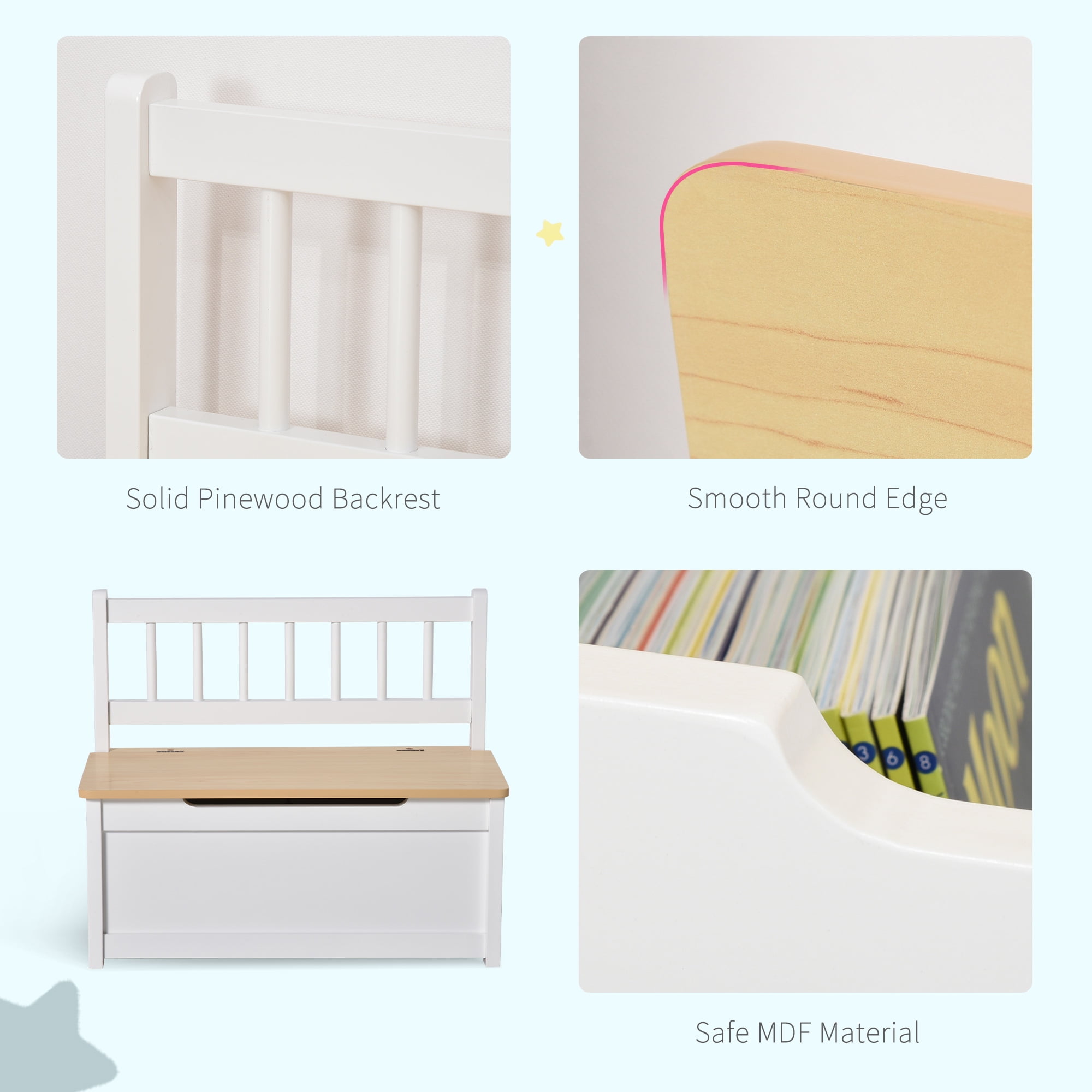 Qaba 2-in-1 Kids Wooden Toy Organizer Chest Storage Box with Seat Bench Cabinet Chunk Cube with Safety Pneumatic Rod White