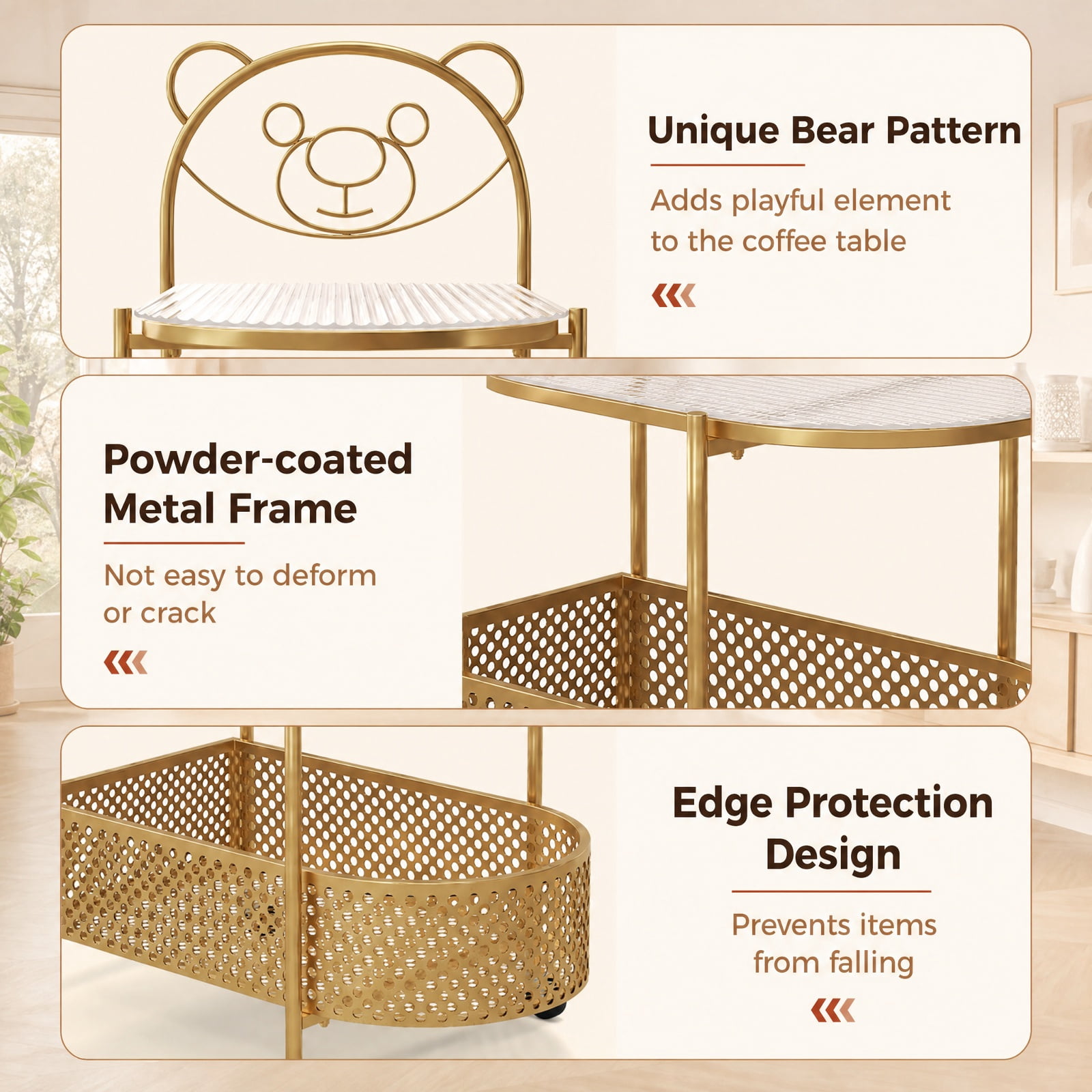 Furnibear 2 Tier Mobile Glass Coffee Table with Rolling Casters and Bear Pattern Storage Basket for the Small Living Room, Golden