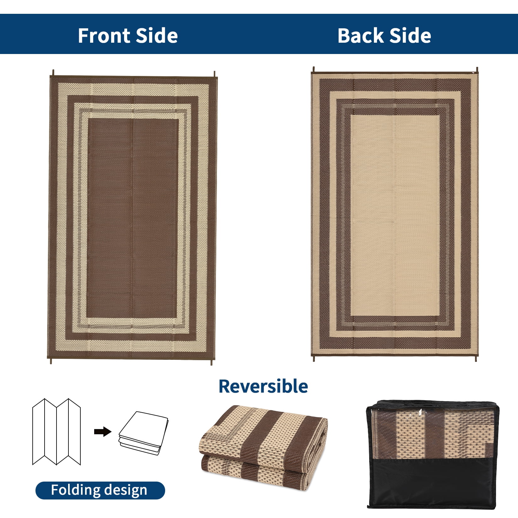 HIWEAVER 9' x 12' Brown Outdoor Rug PP Plastic Straw Woven Waterproof Patio Rug with Border Portable Outside Carpet for Balcony Deck Picnic Garden Decor