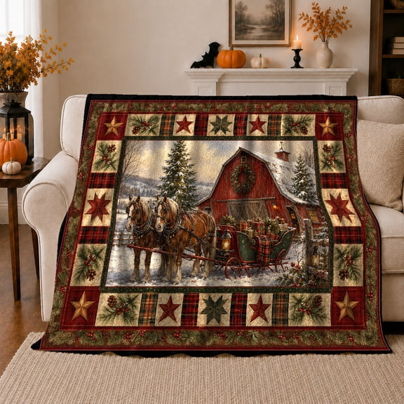 Rustic Horse Sleigh Winter Scene, Festive Holiday Scene, Warm Flannel Blanket for Ranch House and Living Room with Detailed Artwork, Horse Lovers Friendship Gift, Rustic Home Decor