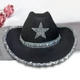 thumbnail image 5 of Western Cowboy Hat, Women Girls Fedoras Caps, Sun Hats, Wide Brim Sequin Star, Black, 5 of 6