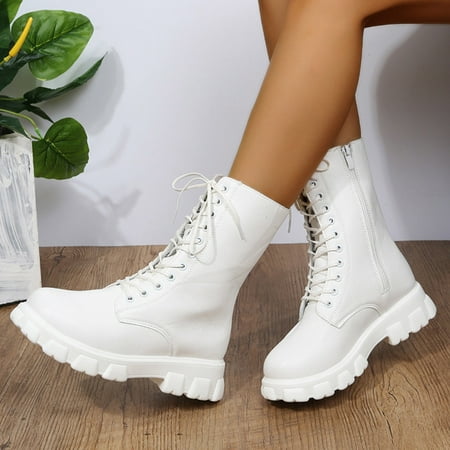 

Christmas Ladies Fashion Solid Color Leather Round Toe Biker Boots Lace Up Platform Mid Boots