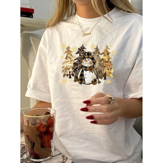 Women's Vintage-Inspired Christmas Tree Graphic Tee - Casual Crew Neck, Short Sleeve, Polyester Blend, Machine Washable, Non-Sheer - Perfect for Summer