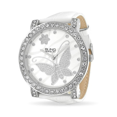 - Fashion Large Round White Face Butterfly Cubic Zirconia CZ Pave Bezel Wrist Watch For Women White Faux Leather Band