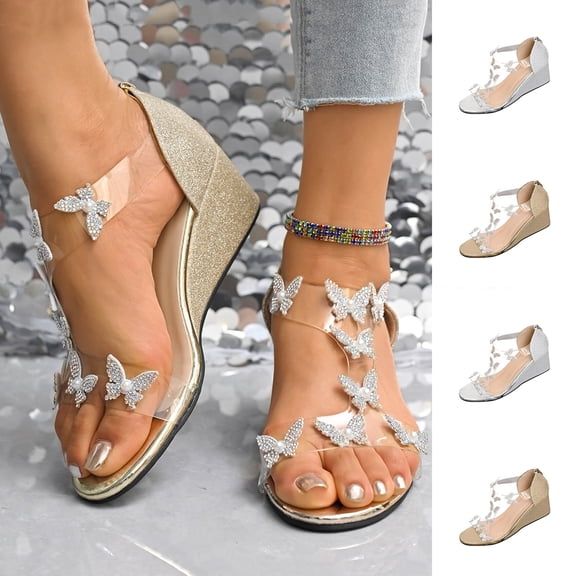 Miluxas Butterfly Sandals for Women,Women's High Heel Wedge Sandals Rhinestone Platform Decor Slides Thick Soled Open Toe Transparent Boho Summer Beach Shoes Silver 9.5(43)