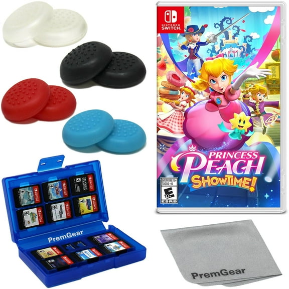 Princess Peach: Showtime! for Nintendo Switch (US Version), with PremGear Thumb Grips (8 pack - 2 Black, 2 Blue, 2 Red & 2 Clear), 24 Slot Game Card Holder & Cloth
