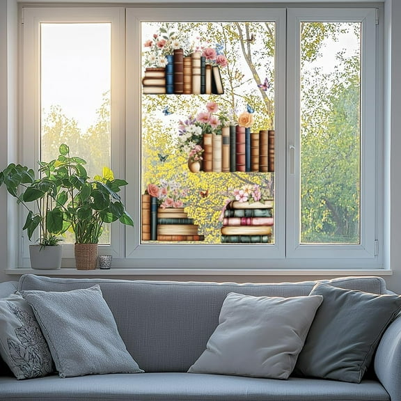 Static Window Clings Books and Flowers 1 Sheet Reusable Window Decals for Glass 47.24" x 11.8" Removable Double Sided Window Sticker for Room Office Home Decoration