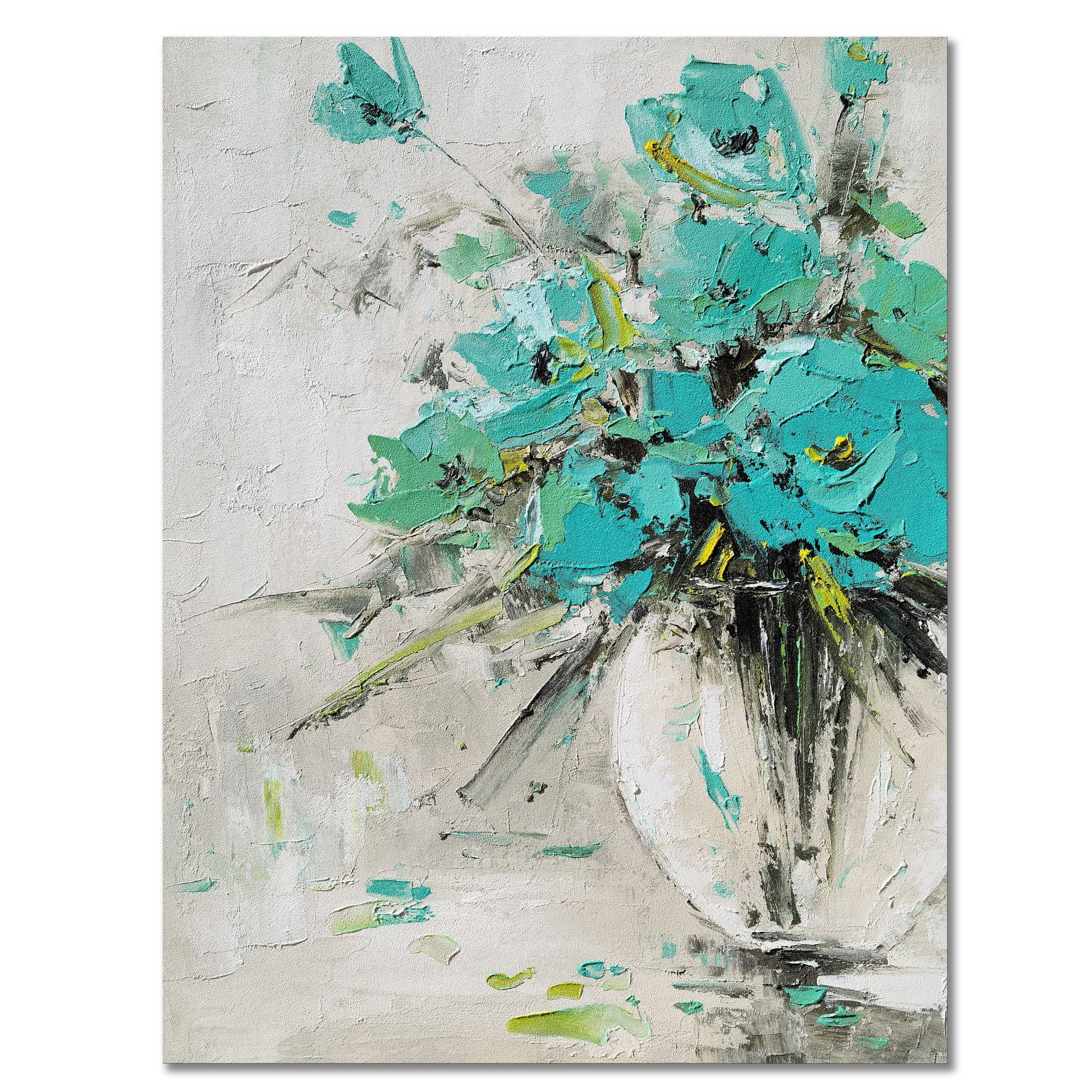 Yihui Arts Modern Botanical Teal Flower Canvas Wall Arts for Living