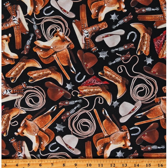 Cotton Tossed Western Accessories Cowboy Hats Boots Spurs Black Cotton Fabric Print by the Yard (WEST-CD1212-BLACK)