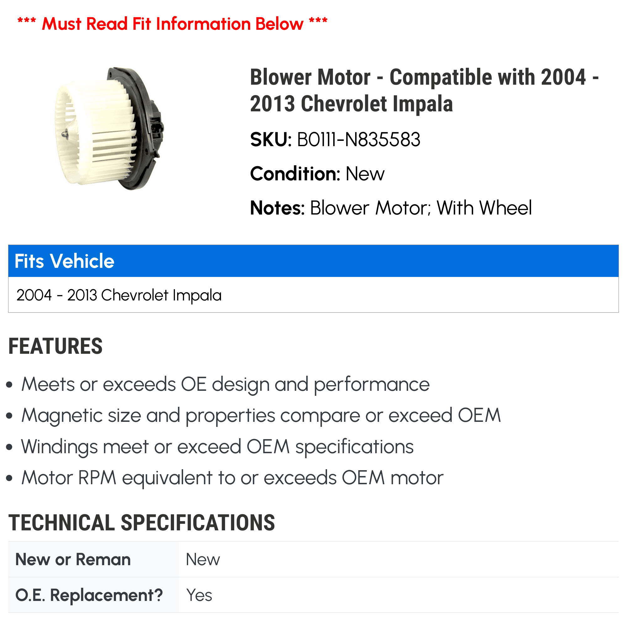 Blower Motor - Compatible with 2004 - 2013 Chevy Impala 2005 2006 2007 2008 2009 2010 2011 2012