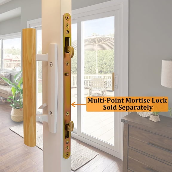Sliding Glass Patio Door Handle Set with Key Cylinder, Fit for 45° Mortise Latch Lock Not Included, Oak Wood Inside Handles and Zinc Diecast Outside Pull, 3-15/16" Hole Spacing, White