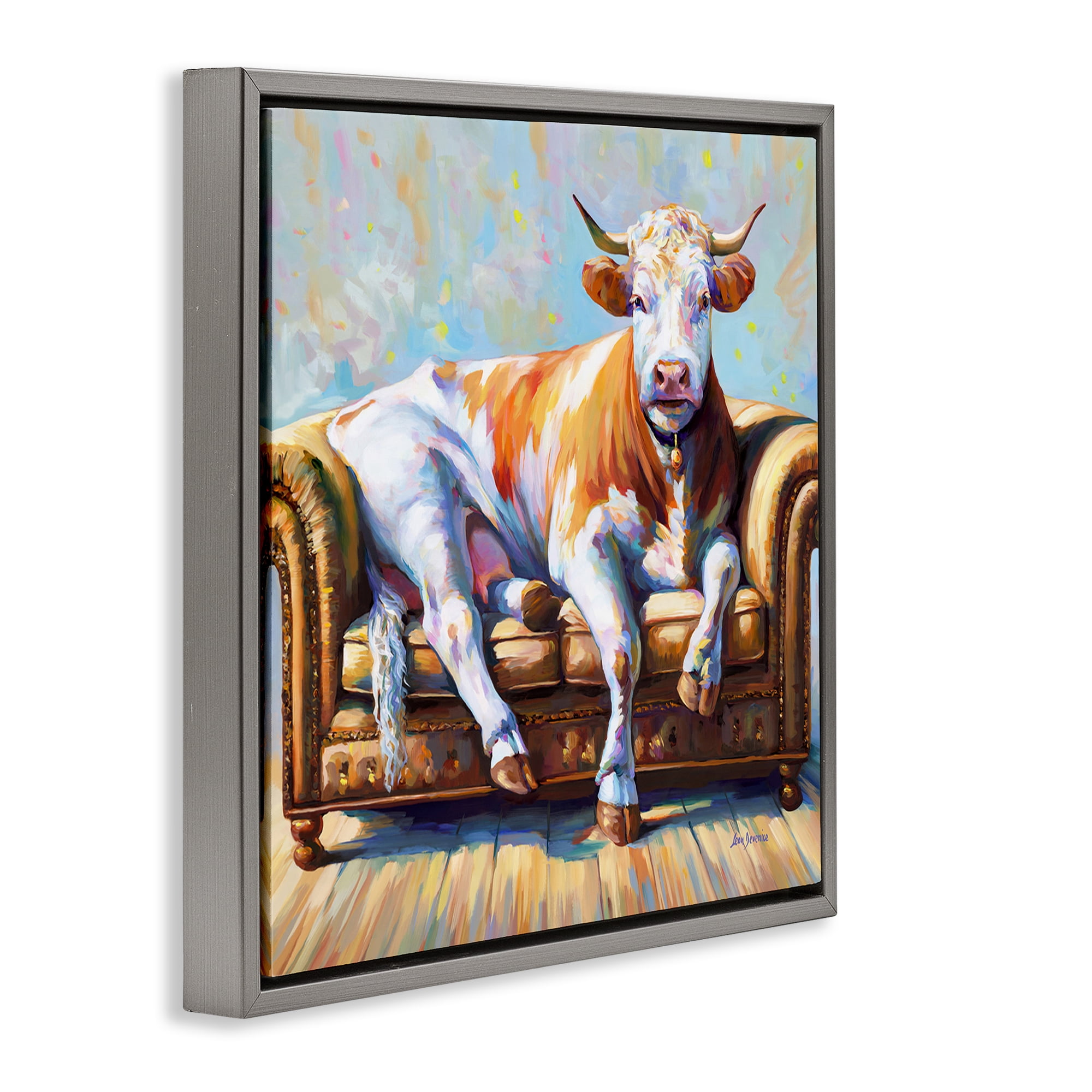 Stupell Industries Cow's Day Off Animals & Insects Painting Gray Floater Framed Canvas Art Print Wall Art, 25 x 25