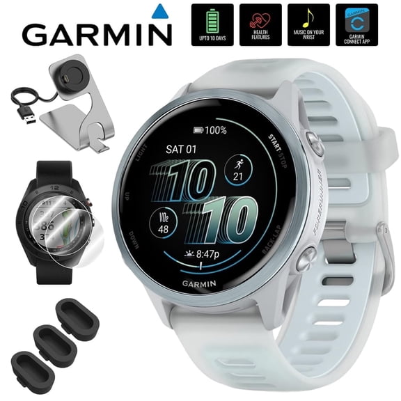 Garmin 010-02970-01 Forerunner 570 42mm GPS Smartwatch, Aluminum and Whitestone/Blue Band Bundle with Deco Essentials Charging Dock, 3x Silicone Dust Cover and 2x 1.2 Inch Screen Protector